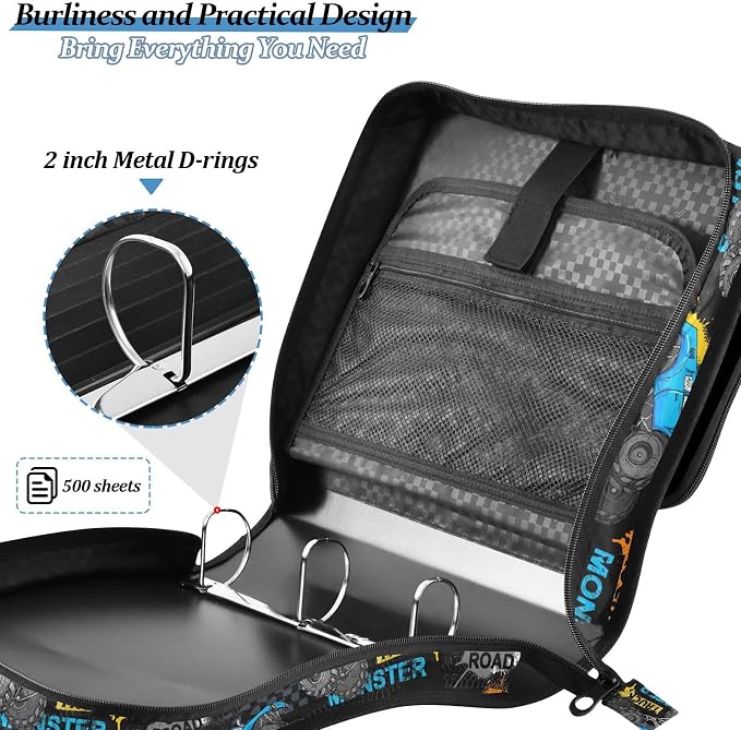 Monster Truck Print Zipper Binder Bag 3 Ring with Shoulder Strap & Handle Multi Pocket Binder Organizer Bag Large Capacity for School Office Supplies
