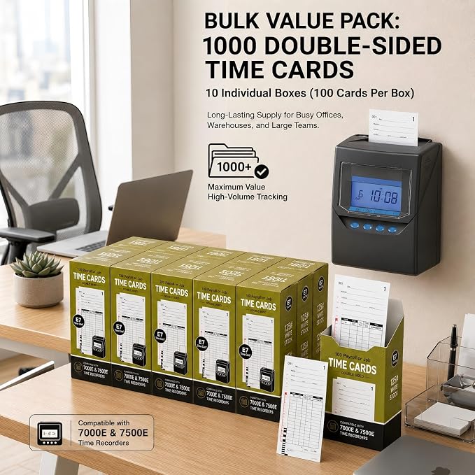 1000 Time Cards Compatible with Lathem 7000E and 7500E Time Clocks
