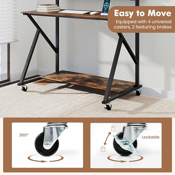 Giantex Rolling Computer Desk with Charging Station, Mobile Portable Laptop Desk with Monitor Stand & Storage Shelf, Small Desk with Lockable Wheels for Small Spaces, Home Office (Rustic Brown)