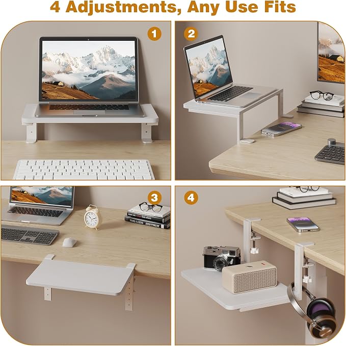Desk Extender, 15-inch Clamp-On Desk Shelf, Height-Adjustable Desktop Shelf Organizer for Monitors Office and Gaming Accessories, Arm Support Table Extension, 44lbs Heavy Duty, White