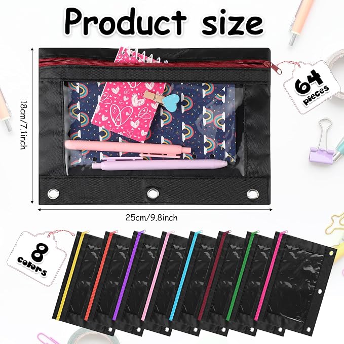 Leinuosen 64 Pack Black Pencil Pouch Bulk for 3 Ring Binder, Pencil Case with Colored Zipper and Clear Window Storage Bag for Office, Back to School Classroom Supplies
