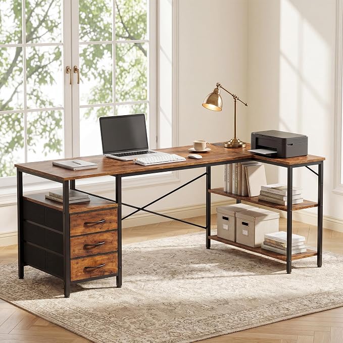 Alpen L Shaped Computer Desk, 55 Inch Corner Desk with Drawers and Power Outlets, Home Office Desk for Gaming, Study Writing PC Table with Storage and Reversible Shelf, Brown