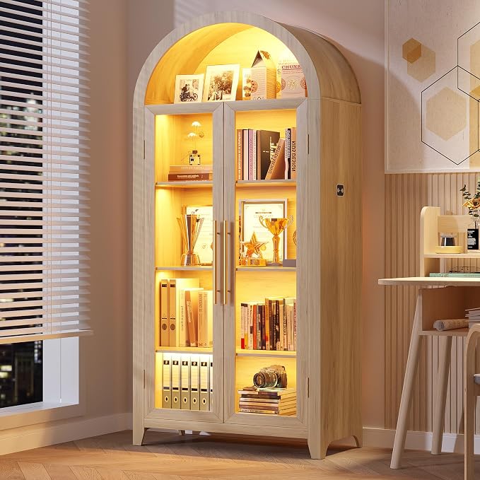 Vlsrka 71" Arched Kitchen Pantry Storage Cabinet with Glass Doors | 5-Tier Display Cabinet for Collectibles, Tall Bookcase with LED Light & Motion Sensor, Curio Cabinet with Adjustable Shelf