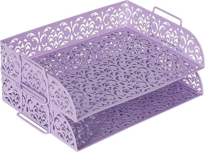 EasyPAG Paper Organizer for Desk 2 Tier Stackable Paper Tray for A4 Legal Size Folders Metal File Storage Desktop Organizer for Home Office School Teacher, Purple