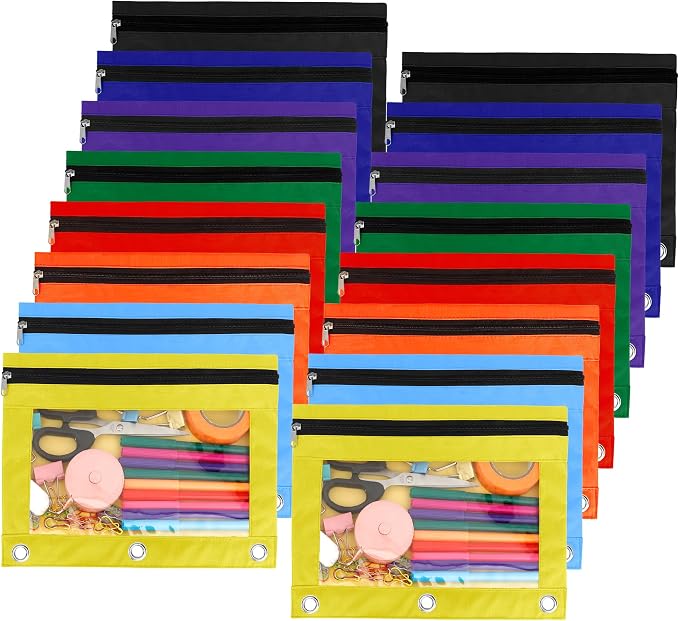 Pencil Pouch for 3 Ring Binder, 16 Pack Pencil Bags with Zipper, Large Capacity Pencil Case for Binder Assorted Color Pencil Case Pouch with Clear Window and Grommets Pencil Pocket for Office Supplies