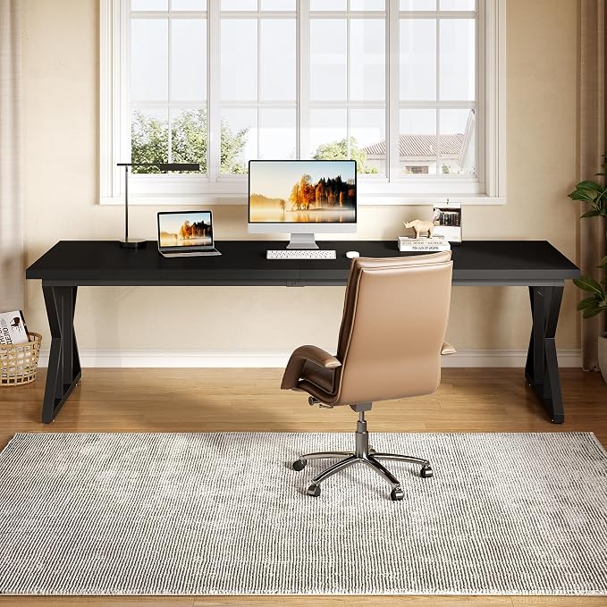 LITTLE TREE 78.7 Inch Large Executive Desk, Extra Long Computer Office Desk Workstation, Modern Simple Style Laptop Table, Sturdy Wooden Writing Workstation for Home Black