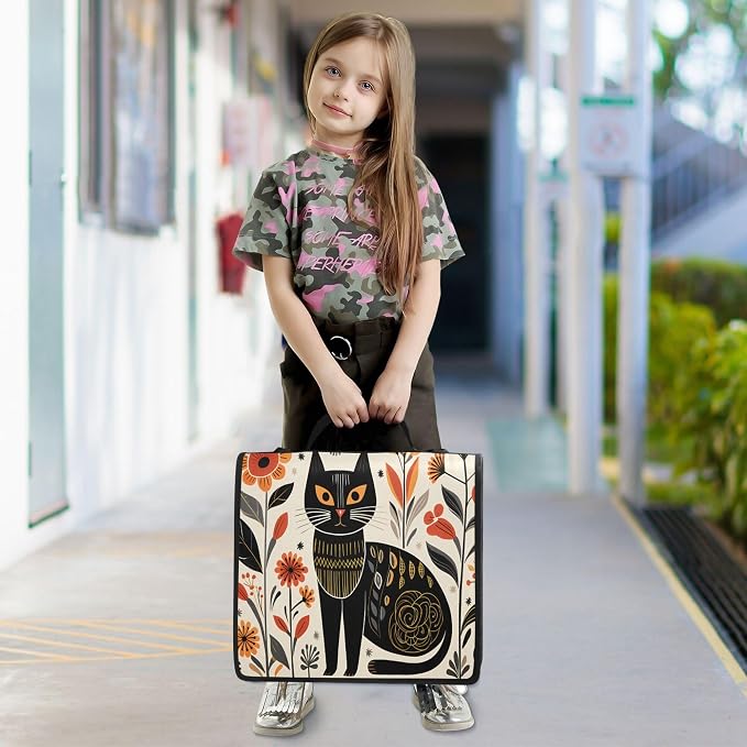MNSRUU 3 Ring Binder Bag, 2 Inch D-Rings Easily Organizes 1 Inch Fits Letter Sized Paper, Black Cat Flowers Large 3 Hole Zipper Binder Organizer for School Office Supplies