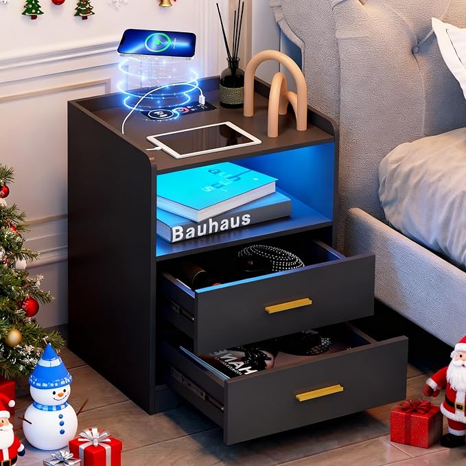 dnbss RGB Nightstand with Charging Station, Smart Bedside Table, Black | LED Night Stand, 2 Drawers, 1 Compartment, Human Body Sensor, Modern End Side Table for Bedroom Living Room Office Storage