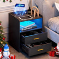 dnbss RGB Nightstand with Charging Station, Smart Bedside Table, Black | LED Night Stand, 2 Drawers, 1 Compartment, Human Body Sensor, Modern End Side Table for Bedroom Living Room Office Storage