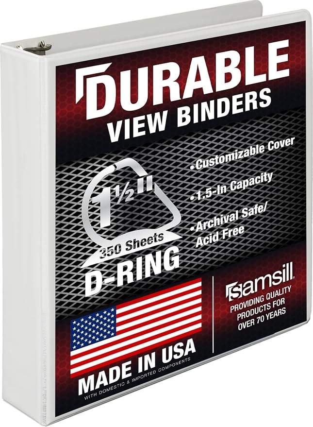 Samsill Durable 1.5 inch 3 Ring Binder, D Ring Binder, 100% Recycled Chipboard, White