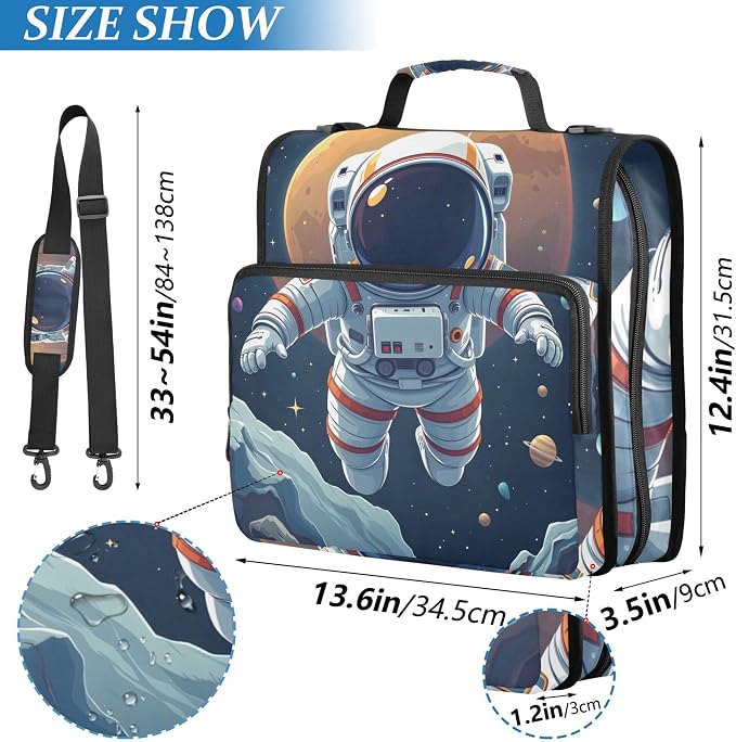 MNSRUU 3 Ring Binder Bag, 2 Inch D-Rings Easily Organizes 1 Inch Fits Letter Sized Paper, Cute Astronaut Large 3 Hole Zipper Binder Organizer for School Office Supplies