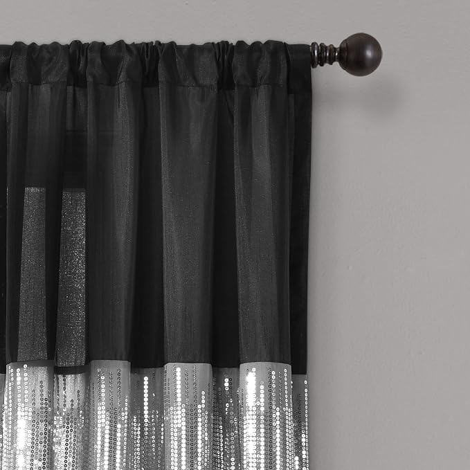 Lush Decor Night Sky Window Curtain Panel, Single 42"W x 95"L Black - Sequin Backdrop Curtain - Room Darkening Curtains For Bedroom - Glam Decor