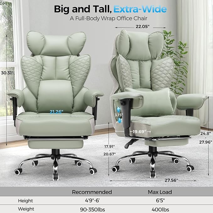 COMHOMA Big and Tall Office Chair Heavy Duty Wide Ergonomic Gaming Chair with Deluxe Embossing Designed Leather with Foot Rest,150°Reclining Adjustable Armrests Pocket Spring Back Support and Pillow