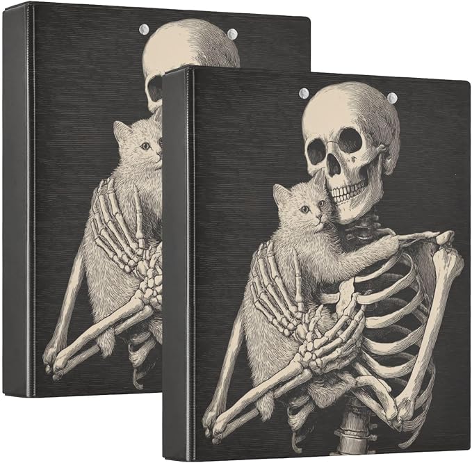 Vintage Skeleton and Cat Retro Gothic Binder 3 Ring 1.5 Inch Binder with Clipboard&Pockets, Hardcover Binders Heavy Duty Large File Folder for Office School Supplies - Holds 200 Sheets, 2 PC