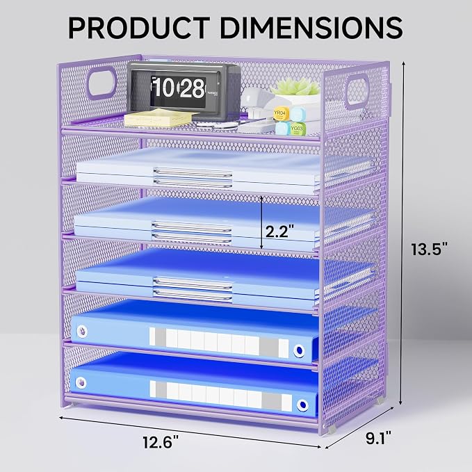 Purple Paper Organizer for Desk with Handle, 6-Tier | Metal Mesh File Organizer, Stackable Desktop Organizer for Office Supplies & Stationery Storage