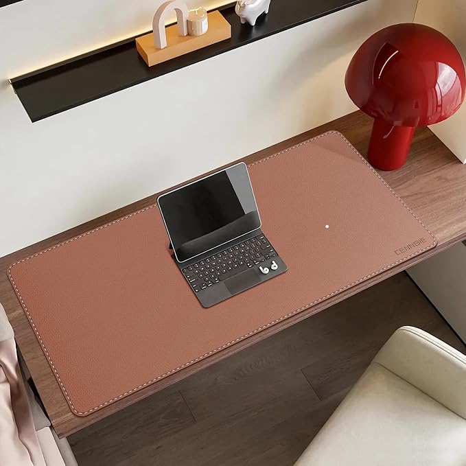 CENNBIE 35.5" x 16" Leather Desk Mat, Computer Mouse Pad for Office(Brown) | Premium Stitched Edges Resist Wear. Waterproof, Non-Slip & Easy To Clean. Protects Desk From Scratches. For Office & Home.