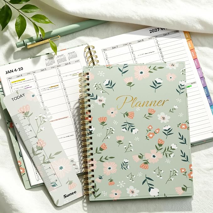 SUNEE 2027 Appointment Book, Quarter-Hourly, Weekly Monthly Planner, 6" x 8.3",Green Wildflower