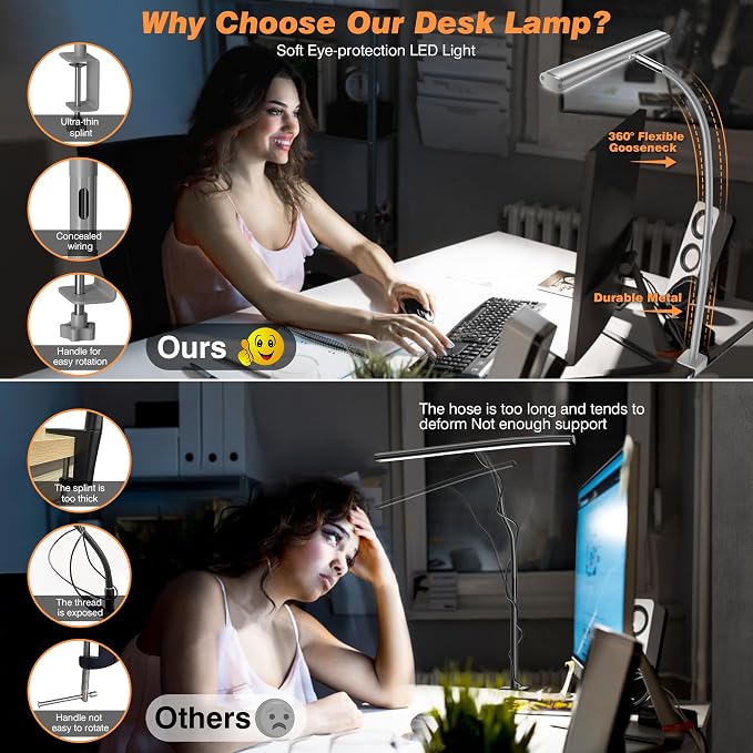 Airlonv LED Desk Lamp with Clamp, 17" Stepless Dimming Light, Grey | 2700K-6500K, 100 LEDs, 360° Gooseneck, Fits Up to 30" Monitors, Flicker-Free Lighting for Home Office, Study& Workbench