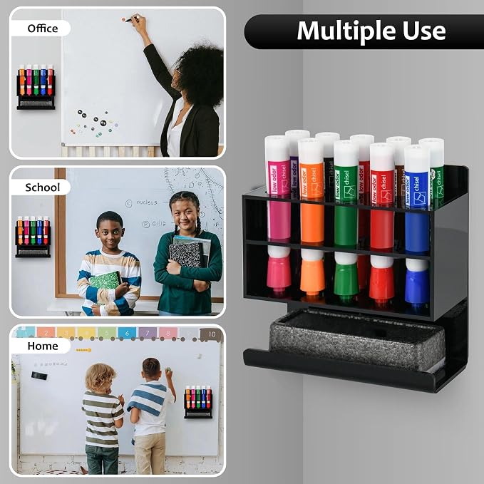 Dry Erase Marker Holder, Wall Mounted Acrylic Marker Holder with 10 Slots, Sticky Pen Storage for Classroom Organization, Office, Whiteboard, Desk Locker Organizer Accessories, Black