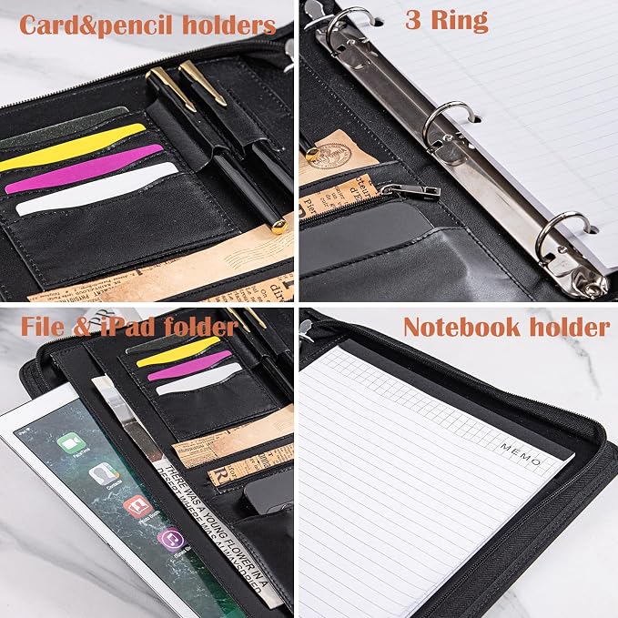 Calfinder Personalized Padfolios Portfolio Binder,3 Ring Leather Binder with Zipper,Professional Padfolios for Women&Men, Portfolio Organizer for Business,Work,School