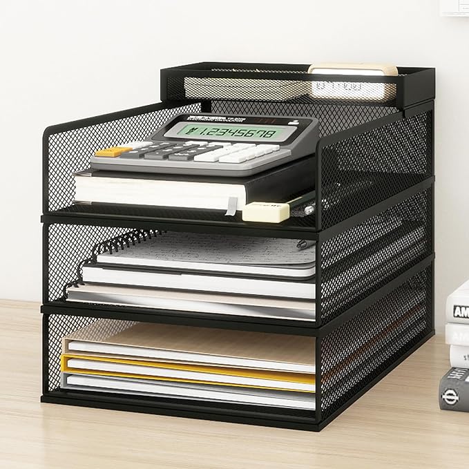 Natwind 3-Tier Stackable Metal Mesh Letter Paper Tray Organizer,Black | Desk Organizer For Paper,Document,Mail Tray For Office Supplies,File Holder For Home Office School Classroom Organization