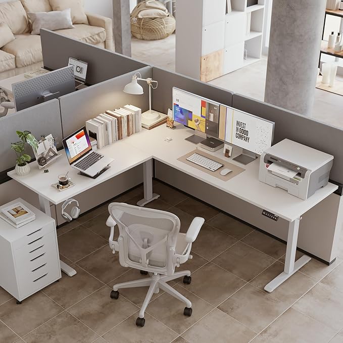 Agilestic 75 x 61 Inch L Shaped Electric Standing Desk, White | Corner Desk, Ample Workspace, Memory Presets, Hooks, Stable Steel Frame,176 lbs Capacity, Easy Assembly, Splice Board