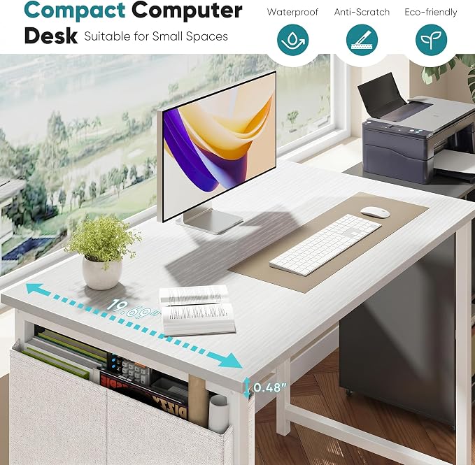 OLIXIS Small Computer Desk, 40 Inch Gaming Desks for Home Office | Writing Study Craft Work Table, Computer Workstation for Bedroom Small Spaces with Storage Bag, All White