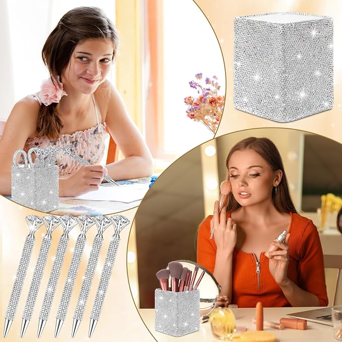 Qilery 8 Pcs Bling Desk Accessories Gift with 1 Bling Pen Holder 6 Pcs Crystal Rhinestone Pens 1 Crystal Scissors Glitter Makeup Brush Holder Valentines Gift Vanity Decor Organizer(White)