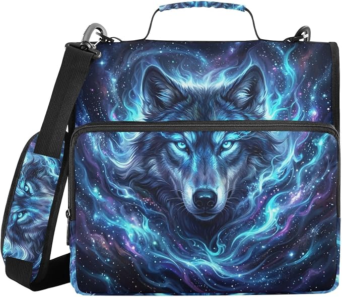 Wolf Space Star Pattern 3 Ring Zipper Binder with Shoulder Strap & Handle 2 Inch D-Ring Zippered Binder Bag with Multiple Pocket & Pencil Pouch, Binder Organizer for School or Office