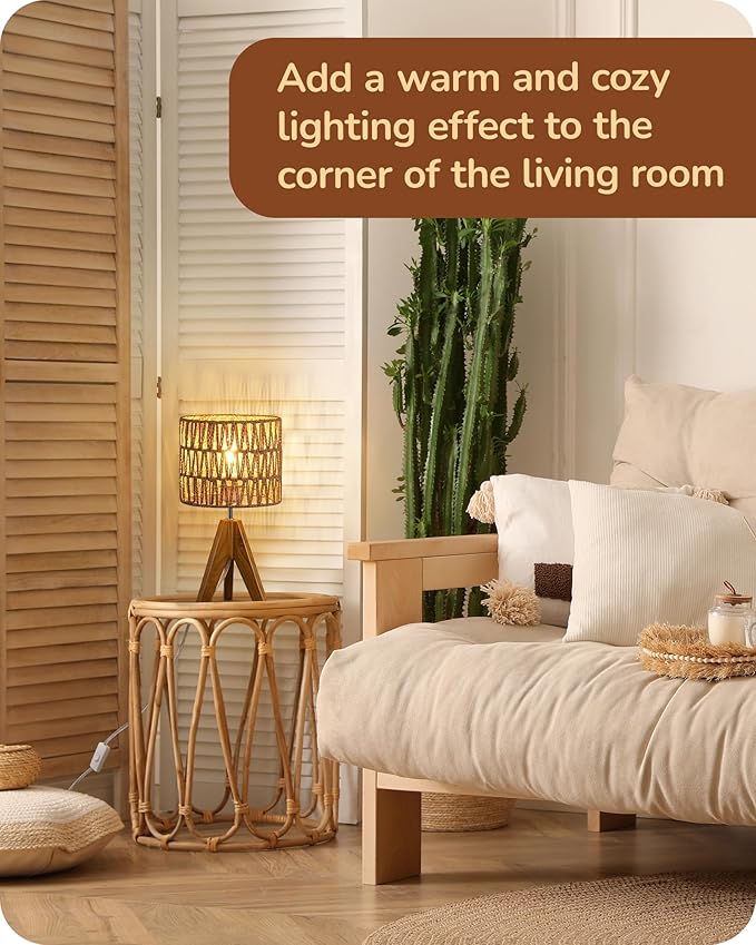 EDISHINE Rattan Small Table Lamp, Boho Nightstand Lamp, 14.2", E26 Base | Natural Style, Wood Tripod Base, Rosewood Color & W-Pattern Shade, Bedside Lamp for Living Room, End Table, Office