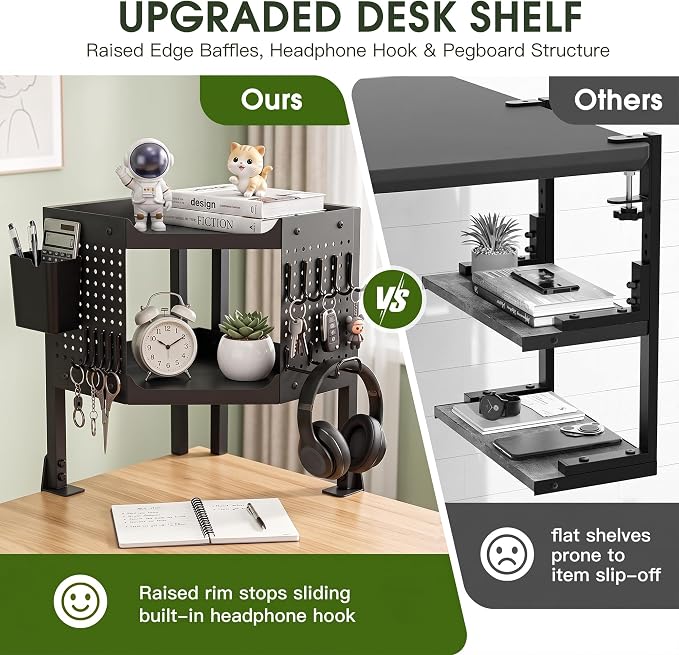 2-Tier Metal Clamp On Desk Shelf, Desk Organizer with 2 Pegboards and Hooks | Heavy Duty Corner Desk Shelf with Removable Pegboards Headphone Holder Pencil Cup and Hooks for Desk organizers Accessories