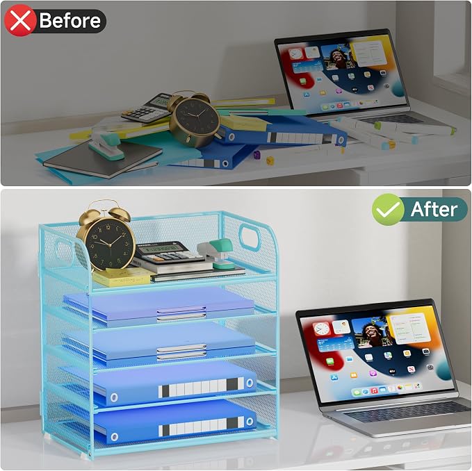 Paper Organizer Letter Tray with Handle Mesh 5-Tier | Stackable Desk Organizer for Files/Paper/Office Supplies, Sturdy Carbon Steel Desk Organizer for Home Office & Classroom