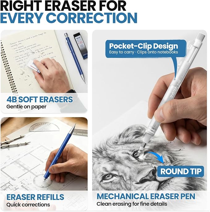 WUO 0.5 mm Mechanical Pencils with Eraser Pen Storage Case, 4 PCS