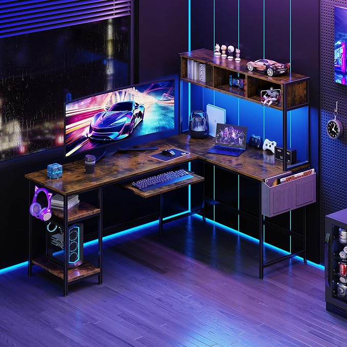 DUMOS 67" L Shaped Gaming Desk, Reversible Computer Desks with LED Lighting | Corner Desk for Compact Spaces, Keyboard Tray & Storage Shelf, Home Office, Rustic Brown