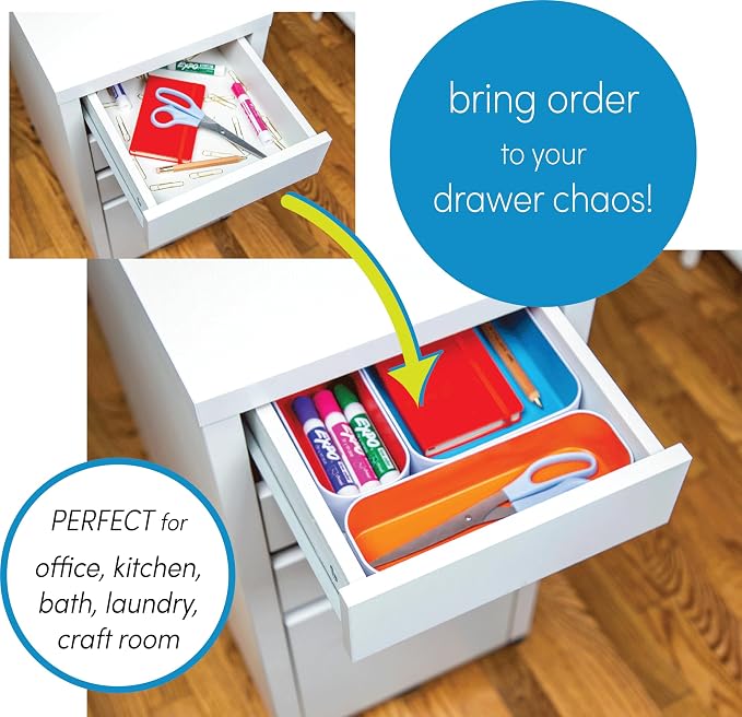 Three by Three Seattle Metal Drawer Organizer Tray Set, 10-Pc (Assorted) | Deep 2" food-safe metal bins; mix & match to customize any drawer; kitchen, bathroom, office & vanity organization
