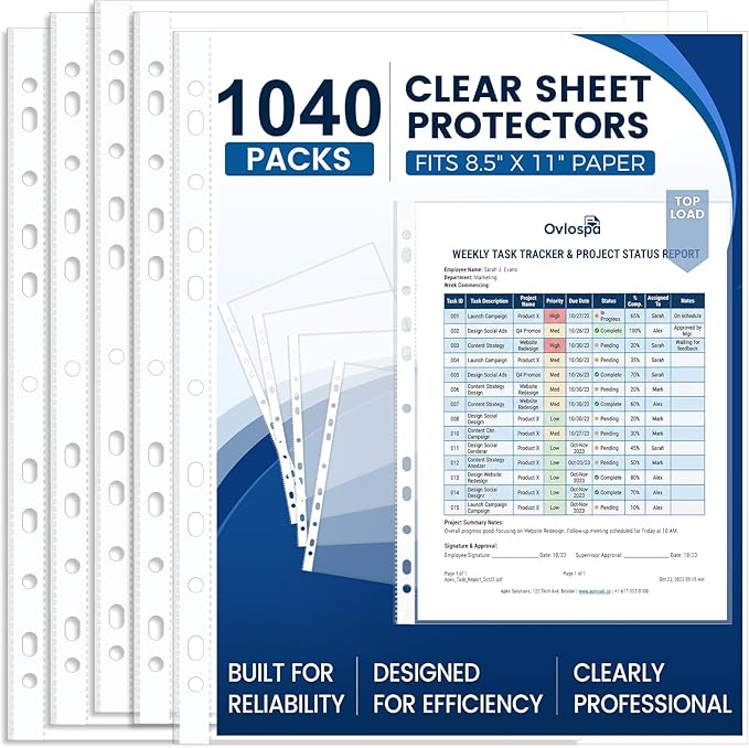 1040 Pack Clear Sheet Protectors 8.5 x 11 Inch Easy-Open, Transparent Plastic Page Sleeves for 3-Ring Binders, Bulk Pack for Business, Office, School & Classroom Use - Durable & Smooth