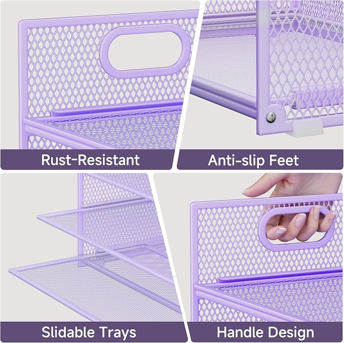 Purple Paper Organizer for Desk with Handle, 6-Tier | Metal Mesh File Organizer, Stackable Desktop Organizer for Office Supplies & Stationery Storage