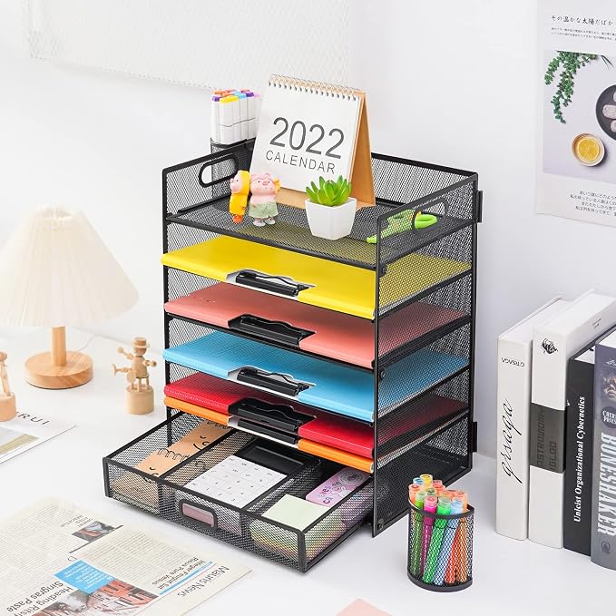 Lavatino 6-Tier Paper Organizer Letter Tray with Drawer - Mesh Desk File Paper Office Supplies Sorter Organizer for Office, Home or School File Folder Holder - Black