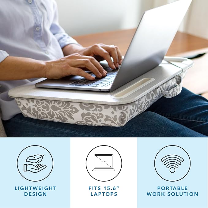 LAPGEAR Designer Lap Desk – Gray Damask, 2-Pack with Storage Basket