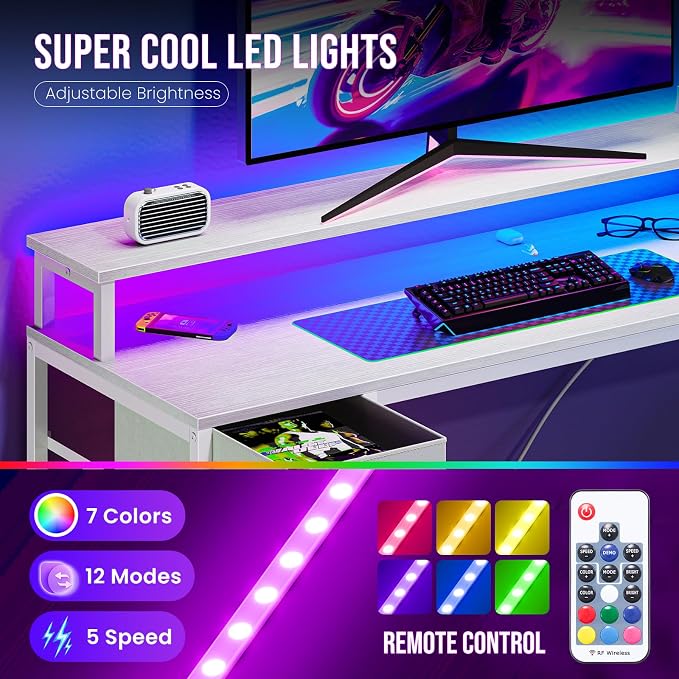 DUMOS 47 Inch Gaming Desk, Monitor Stand, LED Lights, Storage Shelves | USB Charging Ports, Power Outlets, Reversible L Shaped Corner, Small Spaces, White