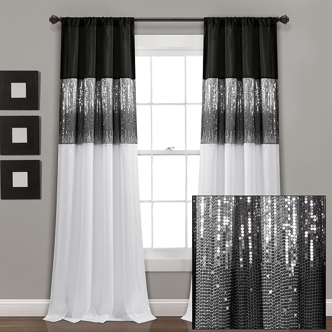 Lush Decor Night Sky Window Curtain Panel, Single, 42" W x 108" L, Black & White - Sequin Curtains - Sparkle & Color Block Design - Modern Glam Decor - Extra Long Curtains For Bedroom & Living Room