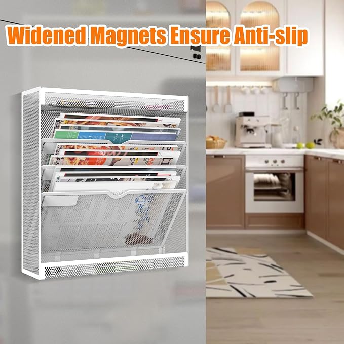5 Tier Magnetic File Holder, No Drilling Wall File Organizer, Magazine Paper Mail Document Holder/Magnetic Hanging File Organizer for File Cabinets,Whiteboard refrigerator,Office,Classroom (White)