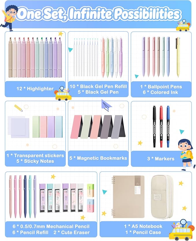 63PCS Stationery Set Aesthetic School Supplies with Pen Case & Notebook
