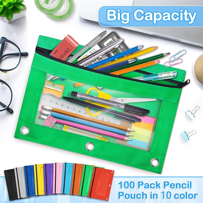100 Pack Pencil Pouch for 3 Ring Binder in 10 Assorted Colors | Smooth Zipper Pouch Bulk in 10 Assorted Colors, School and Office Supplies with Clear Window