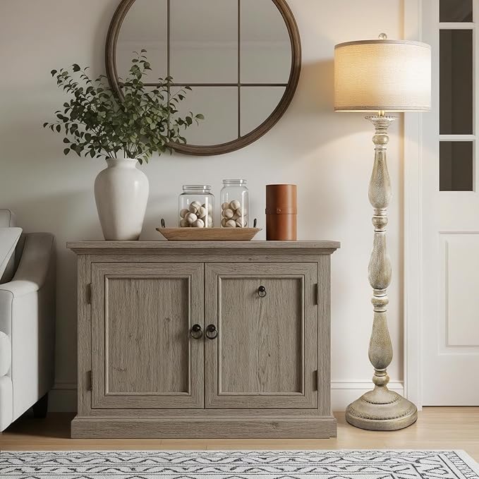 Vintage Floor Lamp for Living Room, Rustic Farmhouse Standing Lamp with Rotary Switch and Linen Shade, Retro Resin Floor Lamp for Bedroom, Corner, Dining Room, House Decor, Grey
