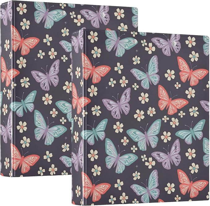 Butterfly Insect Flower Round Ring Binders 1.5 Inch Biology Botany Natural Science 3 Ring Clipboard Binder for Office School Work Supplies File Folder 200 Sheet Capacity 2 Pieces