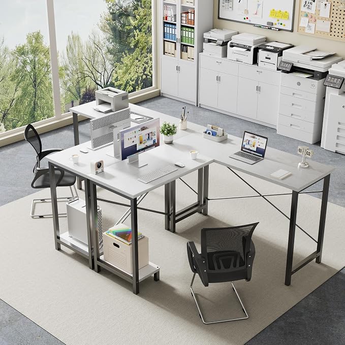 DUMOS 50-Inch Reversible L Shaped Desk with CPU Shelf, White | Computer Desk with Sturdy Metal Frame, Corner Gaming Desk, Home Office Desk for Study, Writing and Work, Sturdy Modern Design