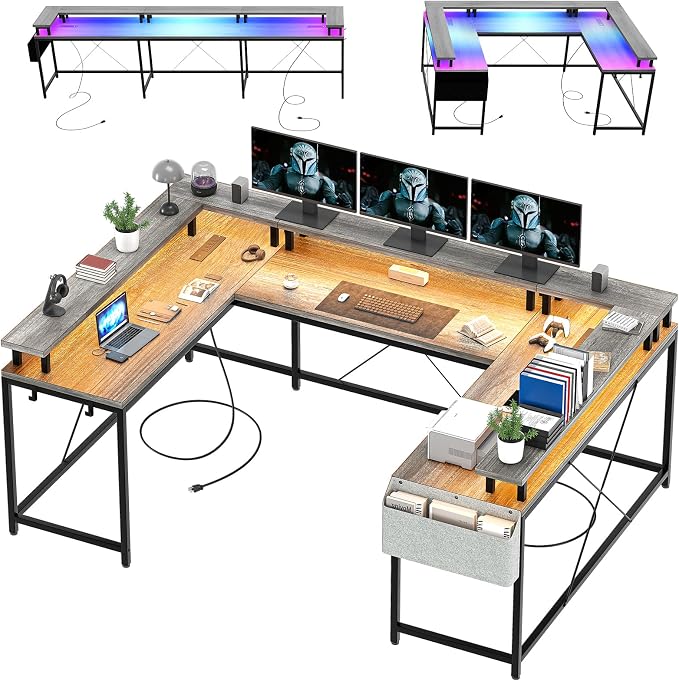 Reversible u Shaped to l Shaped Computer Desk with RGB Lighting & Charging Station, 79 Inch Home Office Workstation with Full Monitor Stand, Heavy Duty Gaming Desk Supporting 600LBS, Multiple Color Op