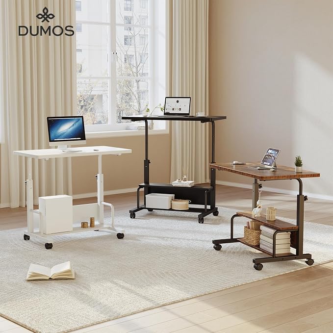 DUMOS Rolling Desk, Storage Shelves, Laptop Table, Home Office | Height Adjustable Design, Computer Desks on Wheels, Portable for Small Spaces Use, White