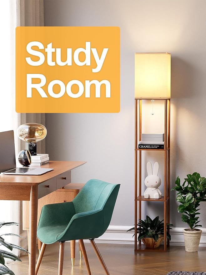 Floor Lamp with Shelves for Living Room Walnut Brown, Shelf Floor Lamp with 3 CCT LED Bulb, Corner Display Standing Column Lamp Etagere Organizer Tower Nightstand with White Linen Shade for Bedroom